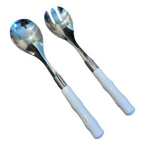 Vintage Frontier Forge Bamboo Salad Serving Set Stainless Silver White Handles M